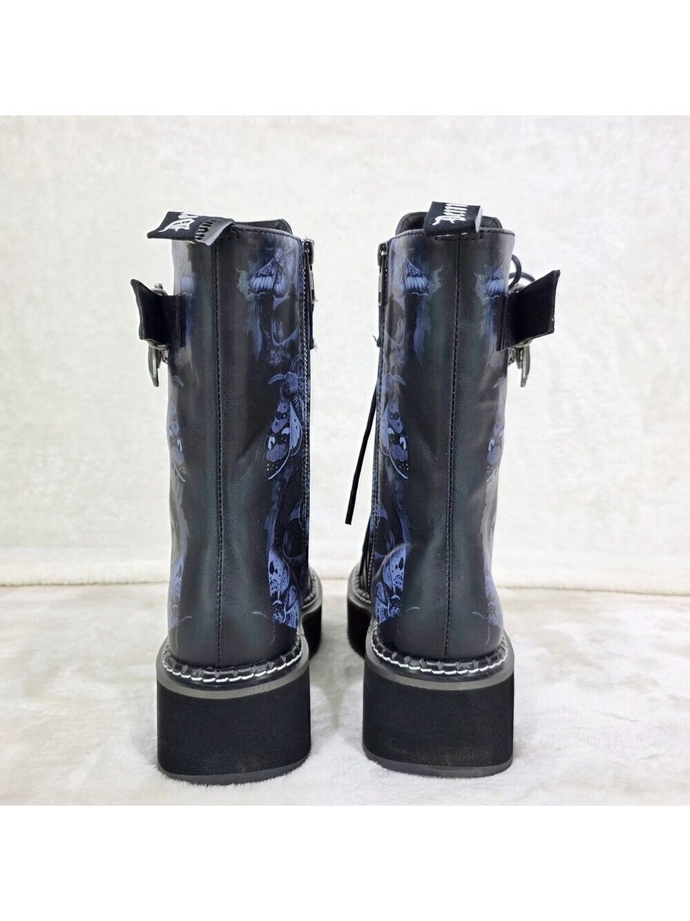NIB NEW DEMONIA Emily Death Moth Skull Graphic Platform Goth Punk Mid Calf Boots - Picture 10 of 16